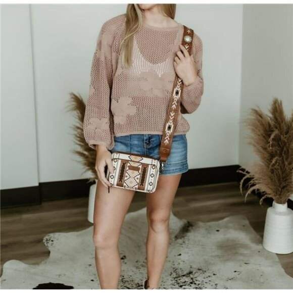 Boho Aztec Crossbody Bag Small Western Purse with Multi Pockets Guitar Strap - Picture 2 of 7